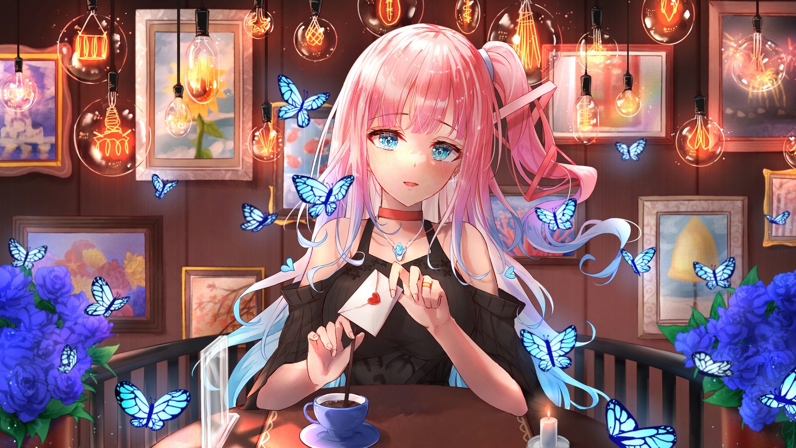 Chica de anime sentada en una mesa con una taza de café (niñas de anime, vtuber, yumesaki mia, cabello rosa, mariposas)