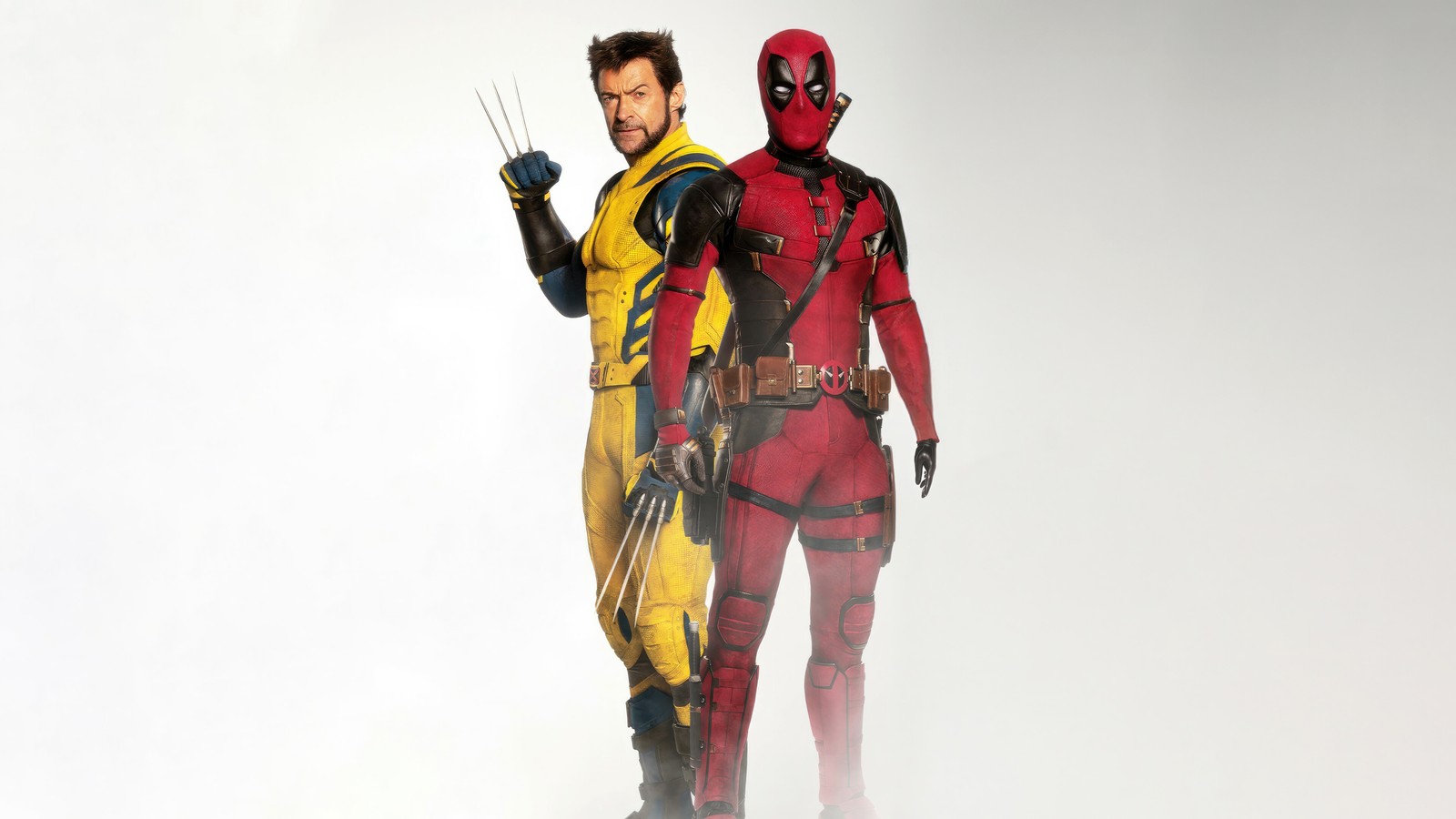 Un gros plan de deux personnages de deadpool se tenant côte à côte (deadpool wolverine, fond blanc, films de 2024, 5k, films)