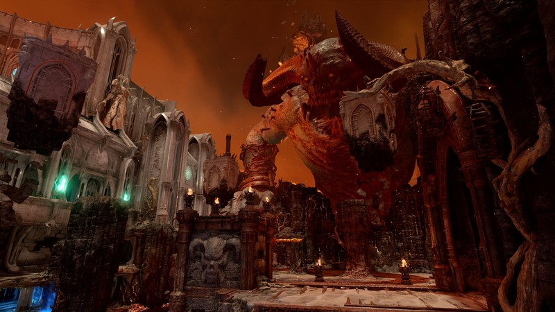 Портрет гигантской статуи в городе ночью (doom eternal, видеоигра, демон, монстр)