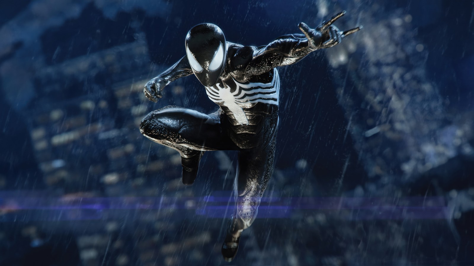 Gros plan sur une personne en costume d'araignée sautant dans les airs (spider man, spiderman, symbiote, costume, marvel spider man 2)