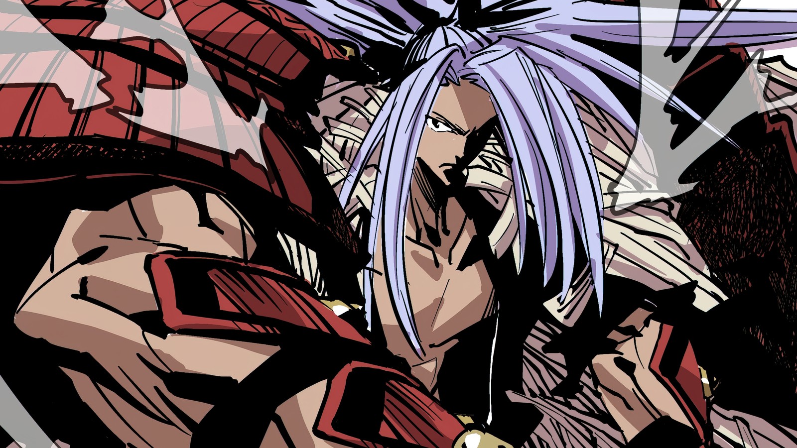 Un primer plano de un personaje de anime con una espada en la mano (shaman king, anime, amidamaru)