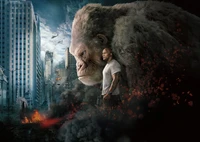 Dwayne Johnson und ein massiver Gorilla inmitten urbanem Chaos in "Rampage