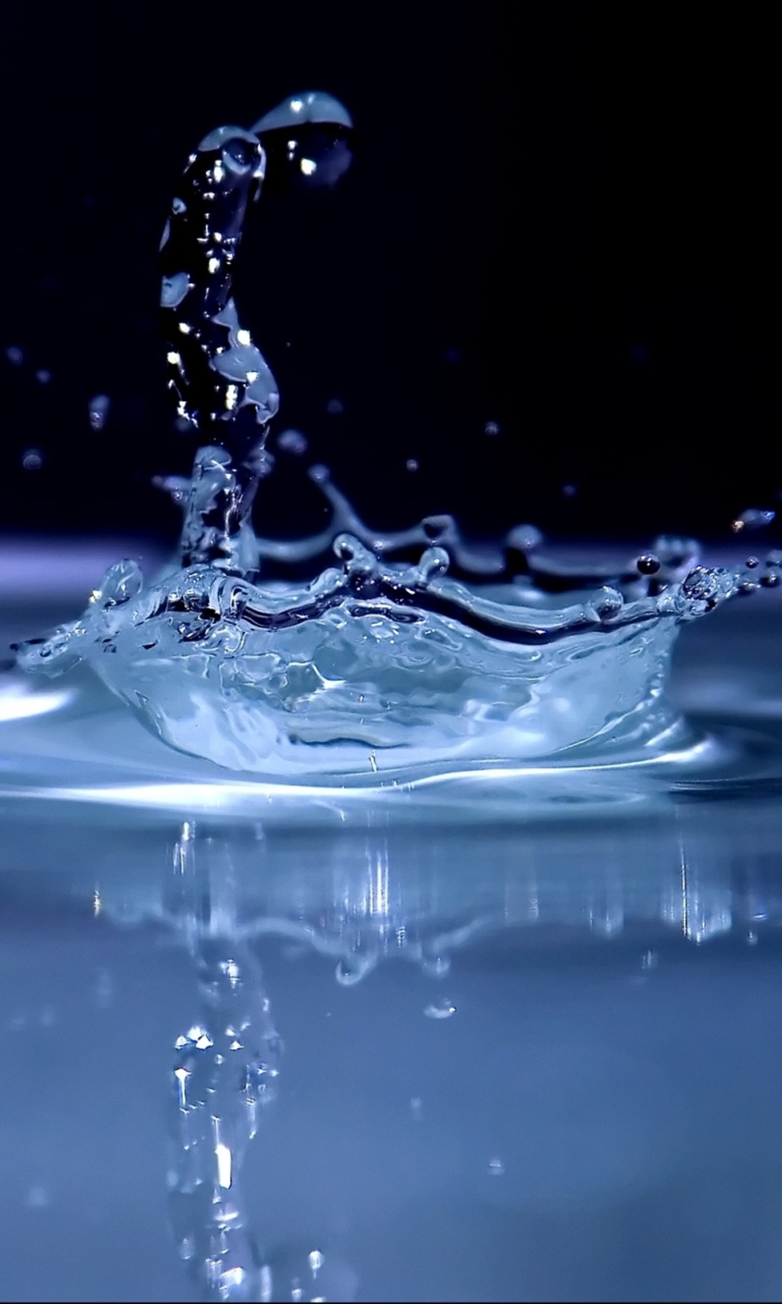 A close up of a water drop with a black background (drop, water)