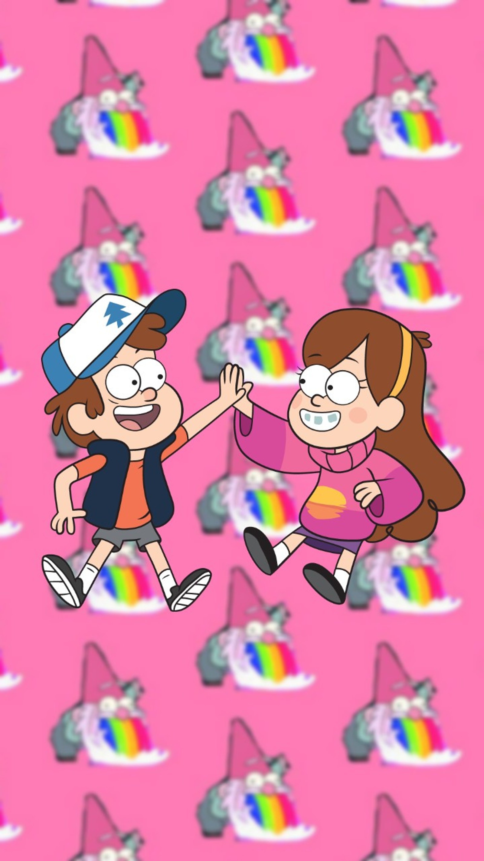 Un par de personas que están de pie frente a una pared (arcoiris, cucharón, duende, galaxia, gravity falls)