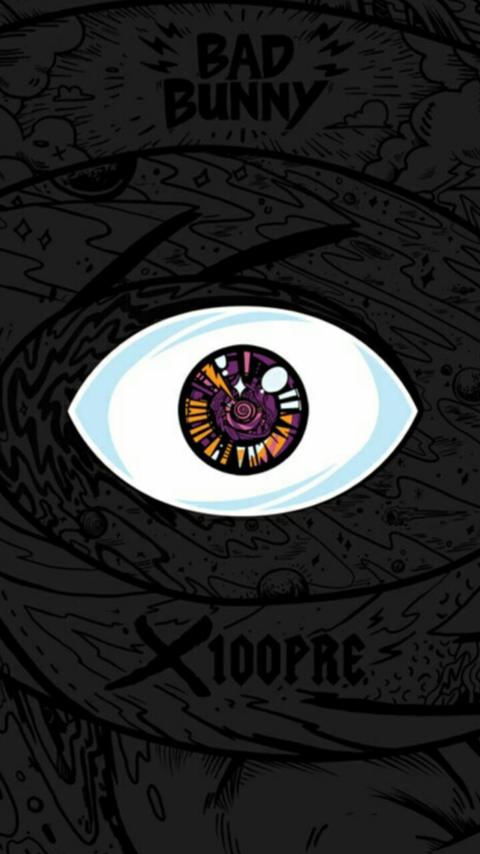 Um close de um olho de cartoon com um donut no centro (bad bunny, urbano, música, latino, logotipo)