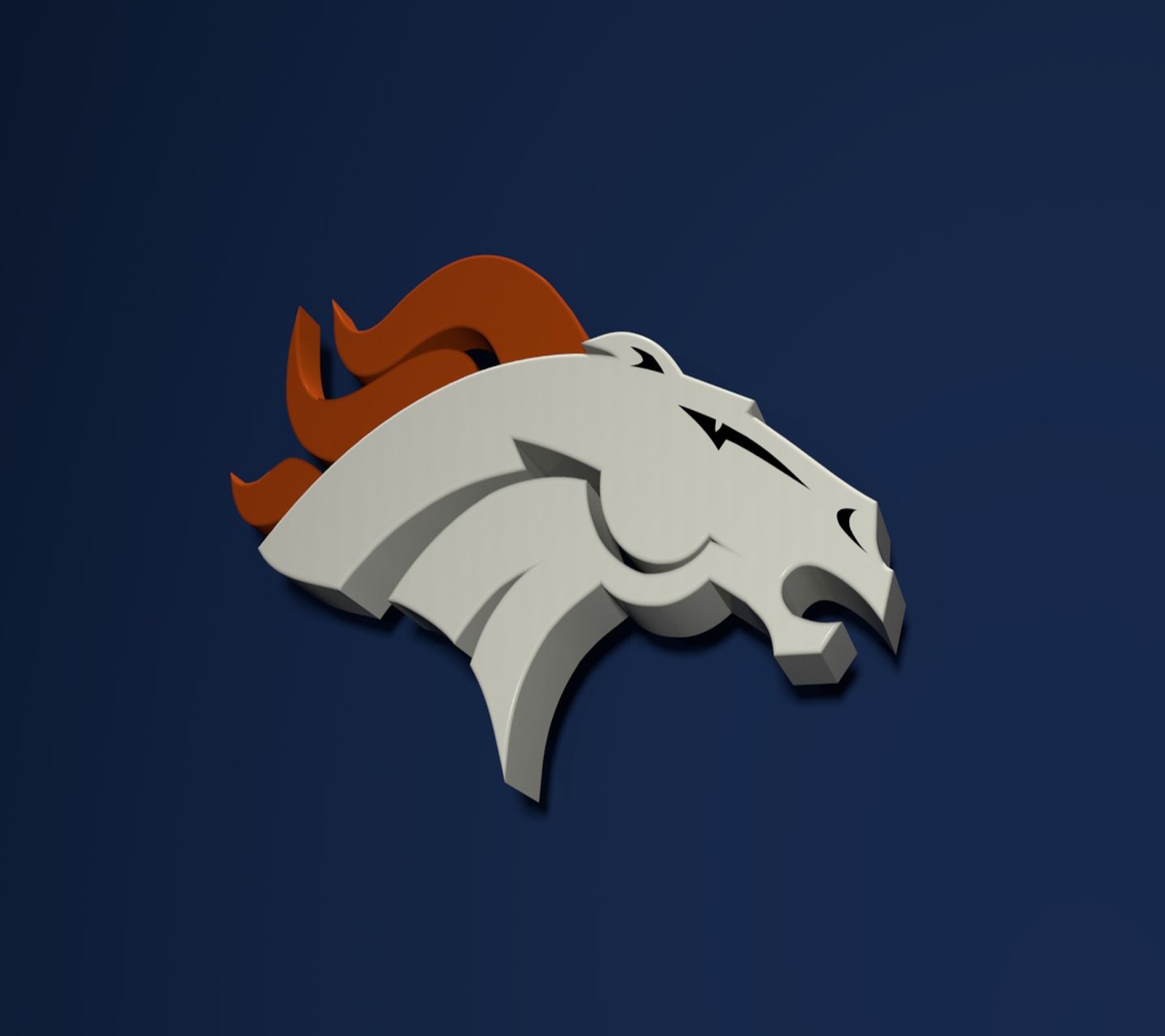 Un primer plano de un logotipo blanco y naranja sobre un fondo azul (denver broncos, nfl)