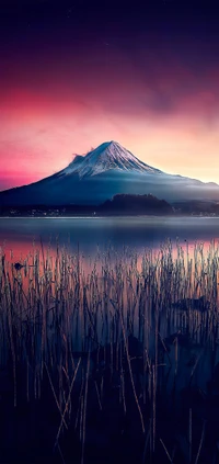 Montaña majestuosa reflejándose al anochecer, rodeada de aguas serenas y vegetación natural.