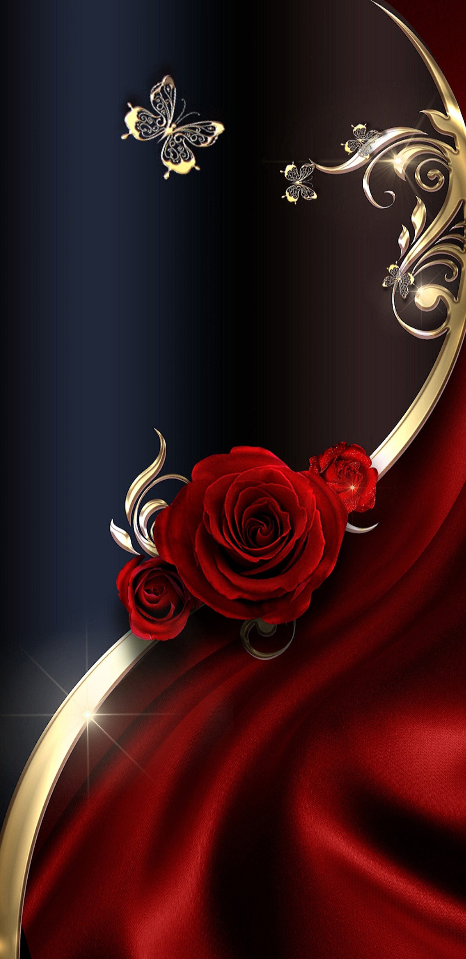 There is a red rose on a gold and black background (red, satin, sexy, roses, butterflies)