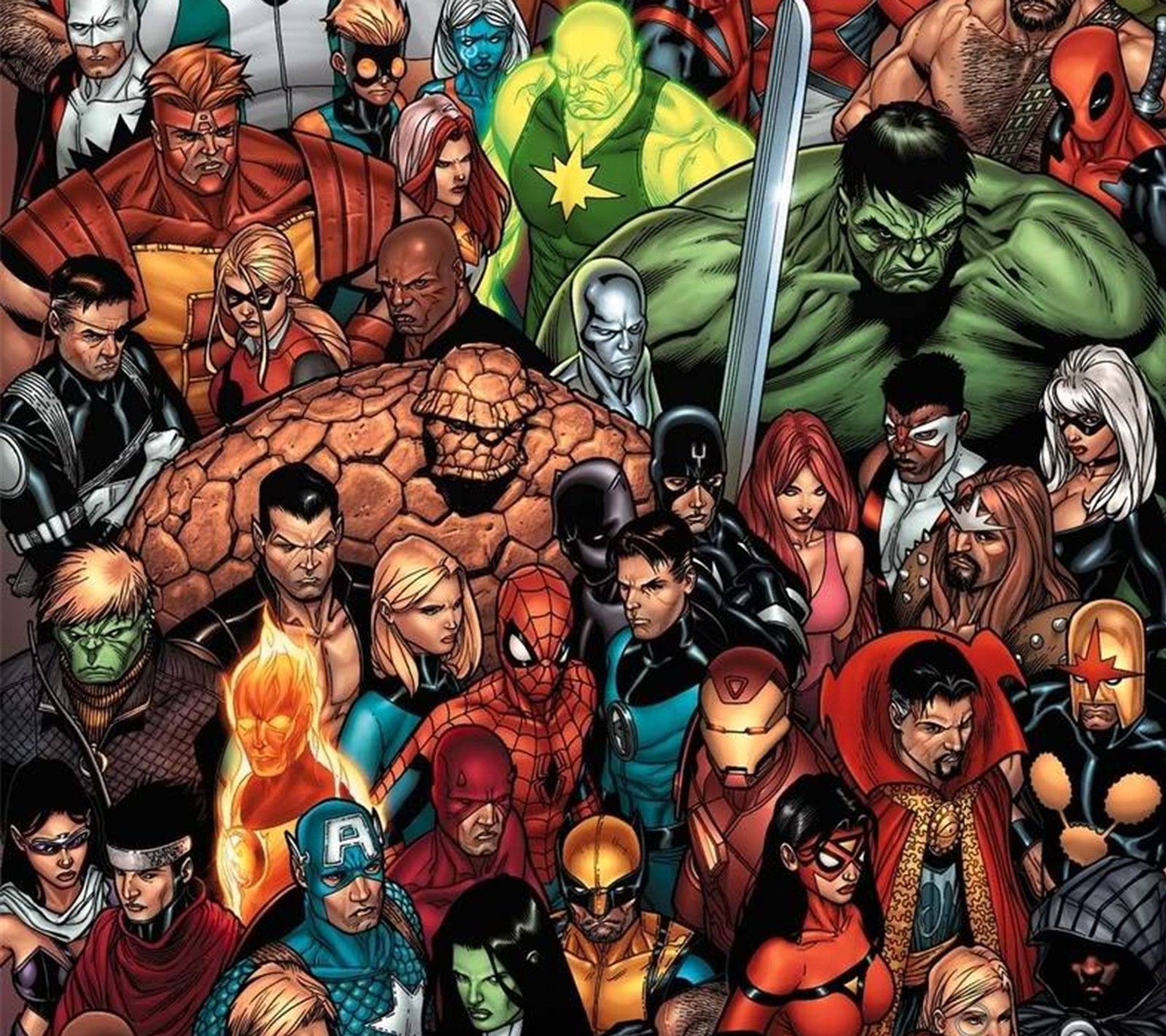 A large group of avengers characters standing together in front of a crowd (actor, cartoon, comic, dc, drawn)