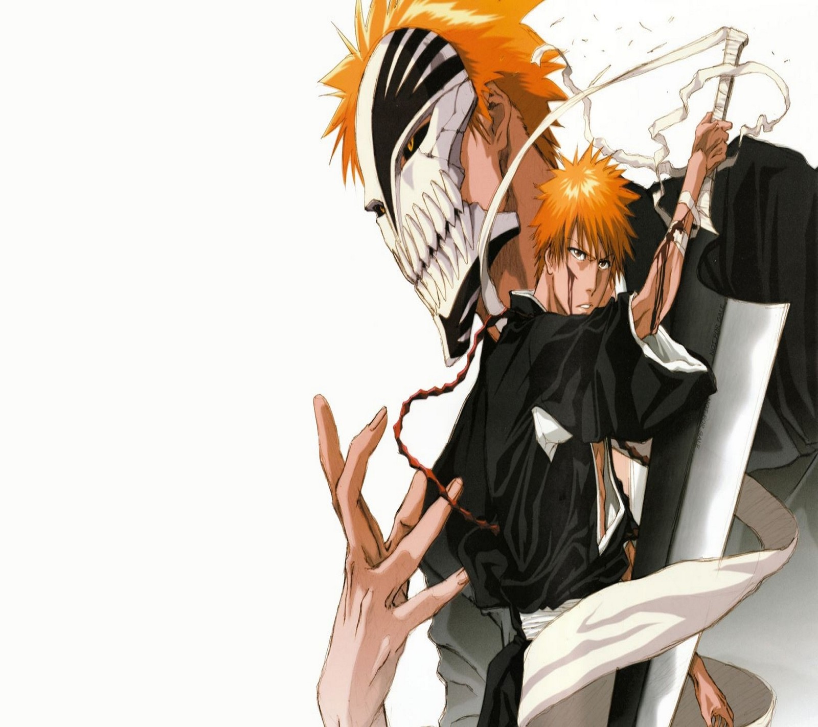 Anime wallpapers of two people with orange hair and white clothes (anime, bleach, ichigo, kurosaki)