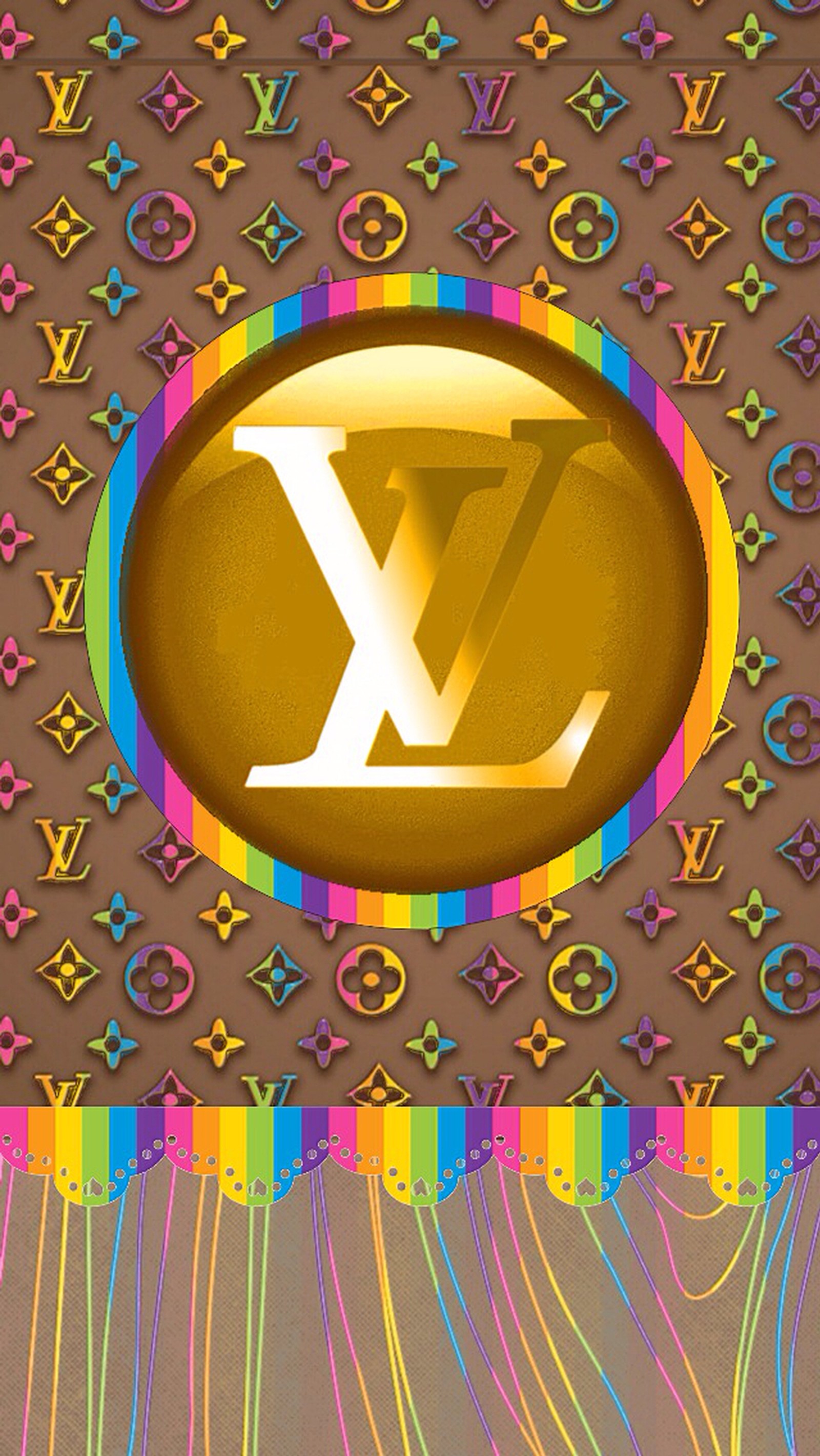 Un primer plano de un fondo colorido con un logo dorado de louis vu (louis vuitton, multicolor)