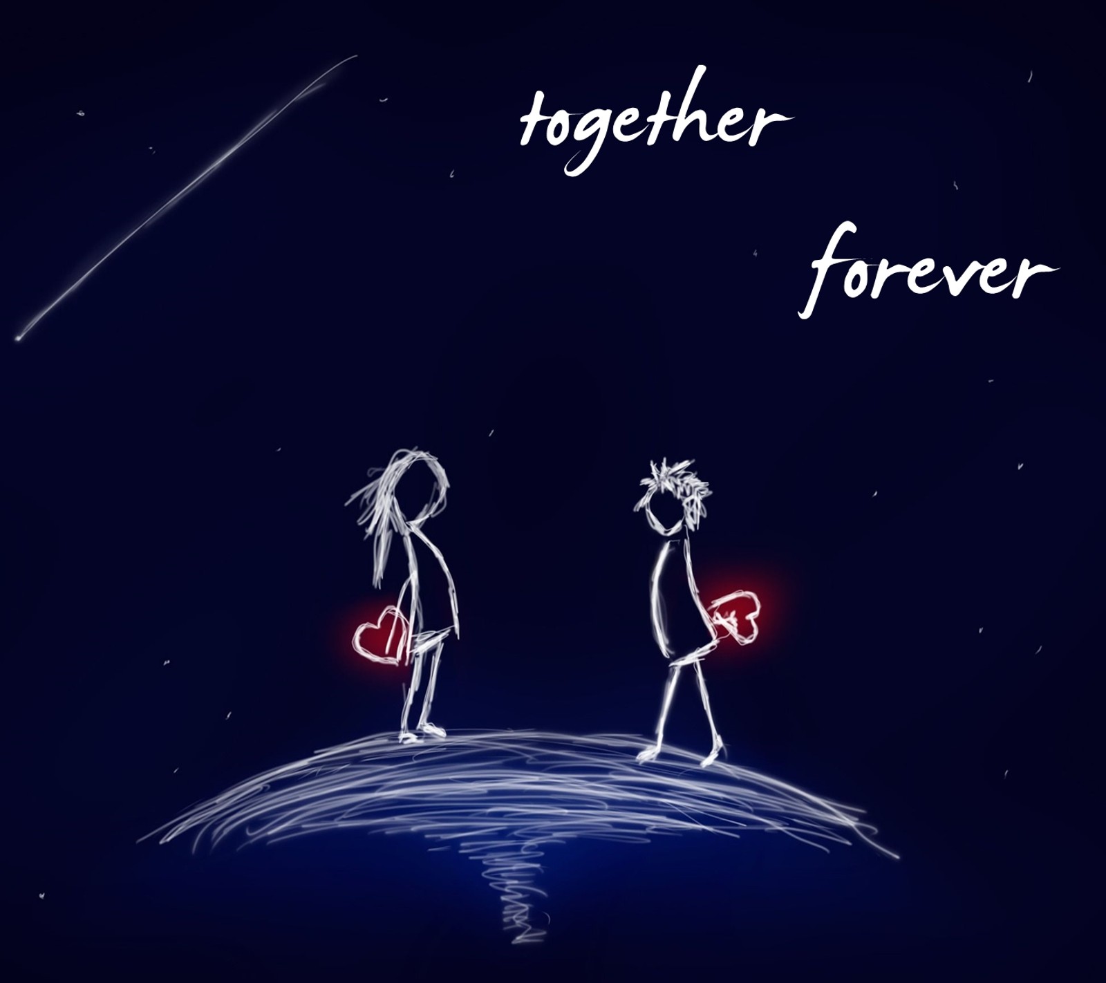 There are two people standing on a hill with a star in the sky (forever, together)