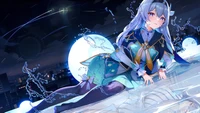 A serene character from "Honkai Star Rail" resting on a reflective surface, surrounded by ethereal light and water elements, with a starry night sky in the background.