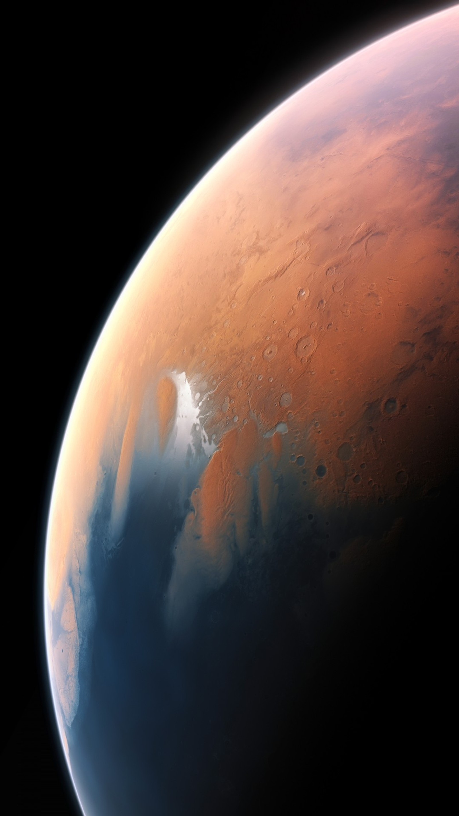 A close up of a planet with a red surface and a blue sky (mars, space, world)