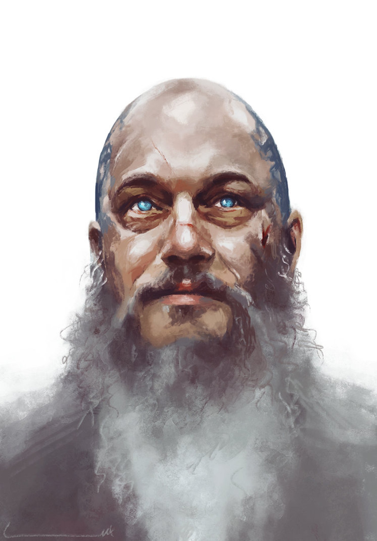 Un tableau d'un homme avec une barbe et des yeux bleus (ragnar, viking)