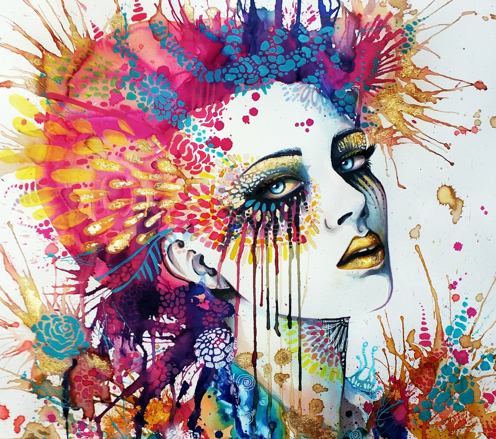 A painting of a woman with colorful hair and makeup (eye art, pixie cold)