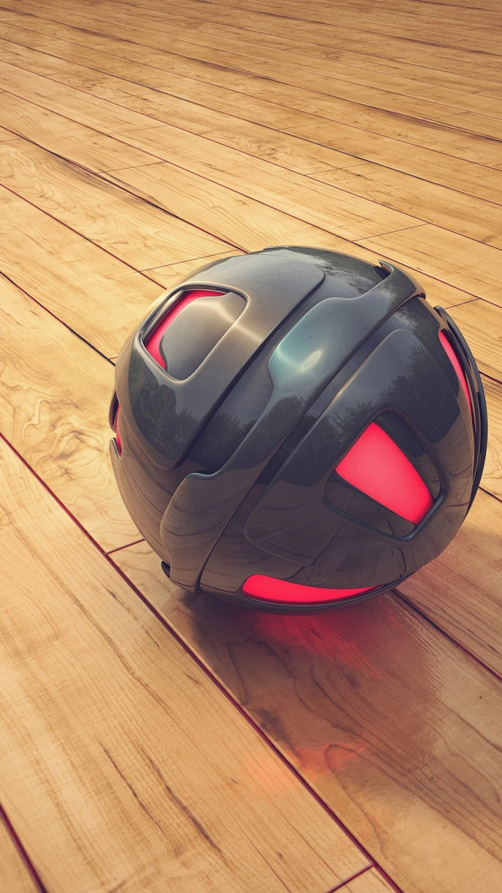 Il y a une boule noire avec des lumières rouges sur un sol en bois (3d, balle, graphiques)