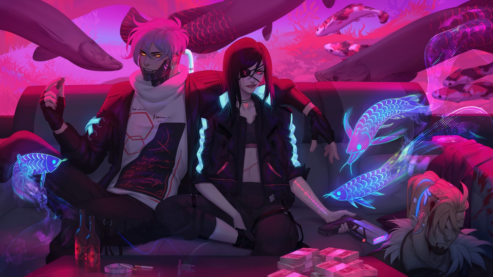 Two anime girls sitting on a couch with neon lights (cyberpunk 2077, video game, art)