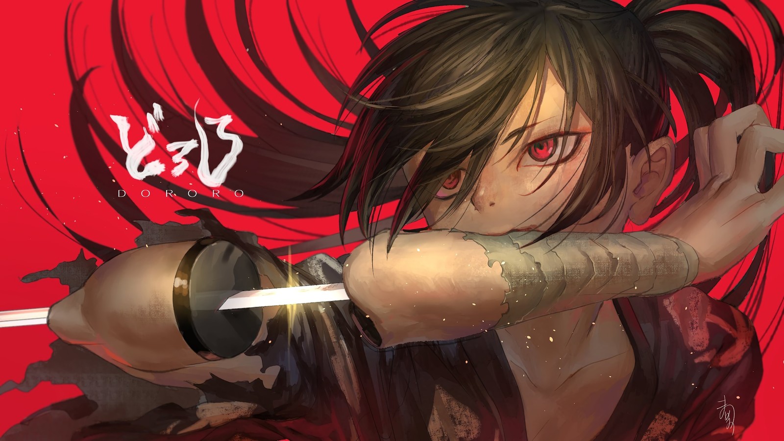 Une femme avec une épée à la main et un fond rouge (hyakkimaru, dororo anime, anime)