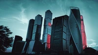 Modern Urban Skyline: Iconic Skyscrapers Against a Dramatic Sky