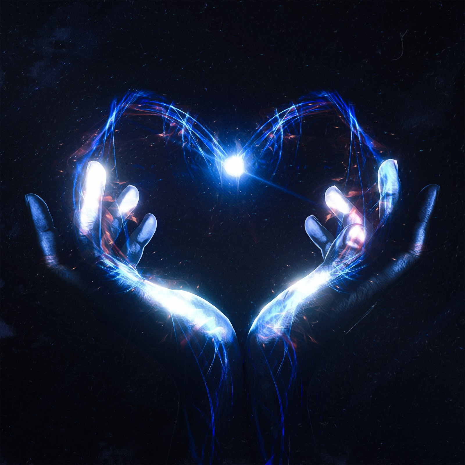 love heart, hands together, surreal, energy, dark background wallpaper