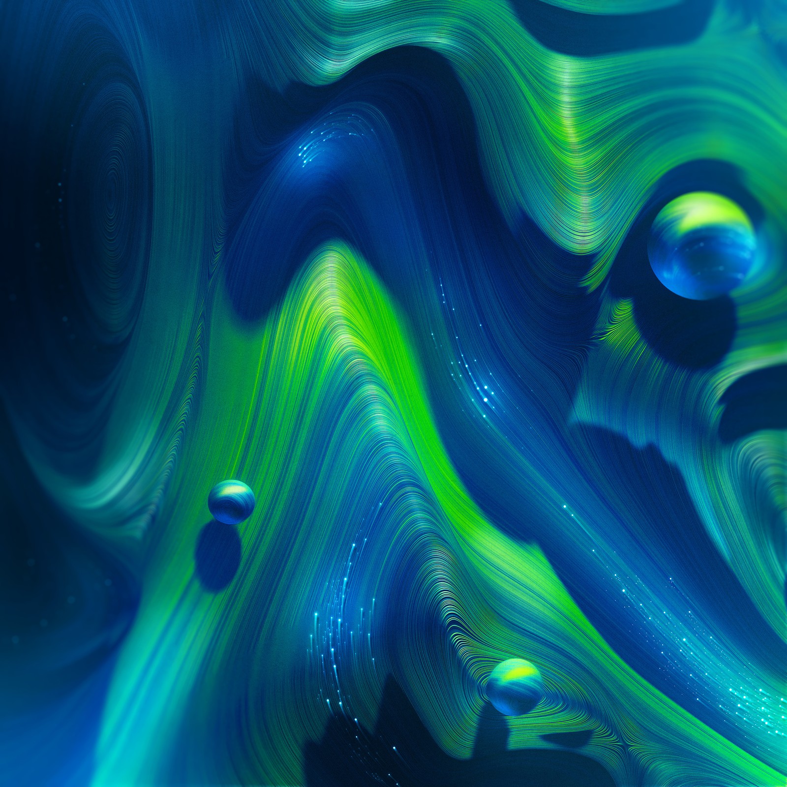 Abstract painting of a green and blue swirl with a black background (neural, curves, green, blue, spheres)