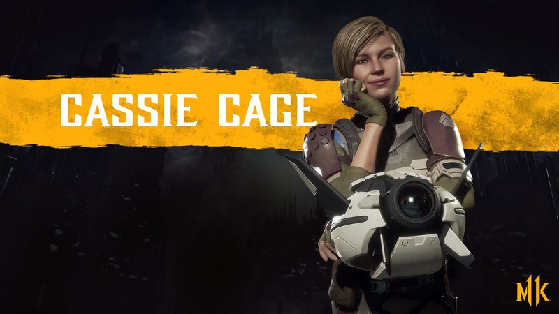 Женщина в противогазе держит камеру и желтый баннер (кэсси кейдж, cassie cage, mortal kombat 11, видеоигра)