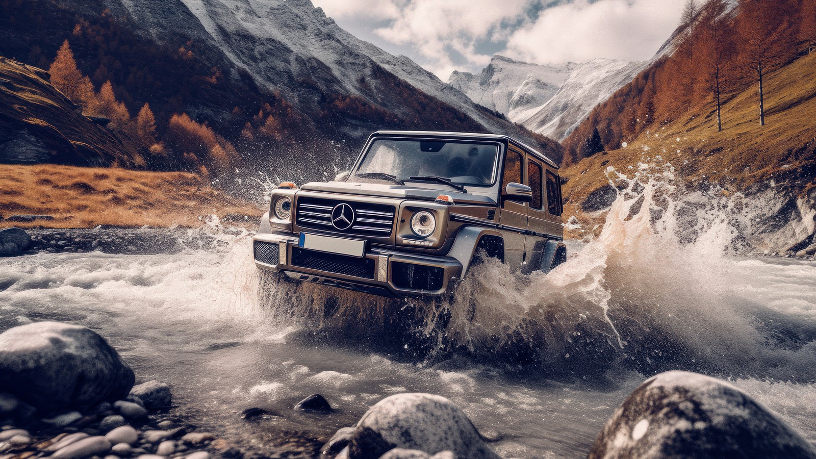 Ein brauner mercedes g-klasse fährt durch einen fluss (mercedes benz amg g 63, geländewagen, g wagon, 5k, ki kunst)