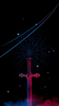 Illuminated Crossed Sword Amidst Web of Darkness