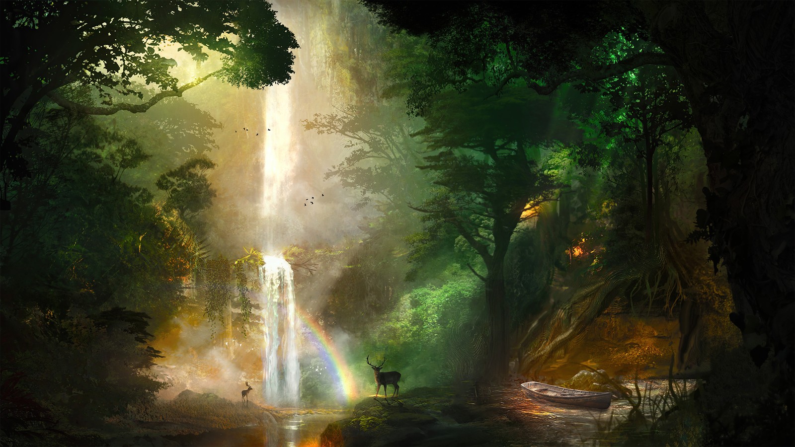 Uma pintura de uma cachoeira com um arco-íris no meio (selva, floresta, cachoeira, cachoeiras, veado)