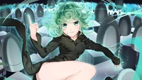 Tatsumaki de One Punch Man libera seus poderes psíquicos em meio a uma paisagem urbana surreal.