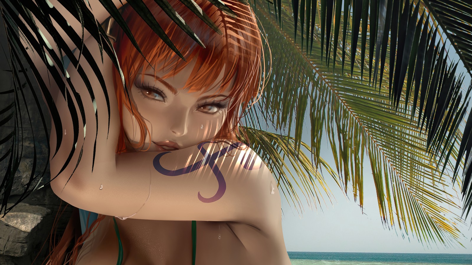 Hay una mujer con un tatuaje en el pecho posando en la playa (nami, one piece, anime, chicas)