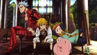 Die sieben Todsünden: Meliodas, Ban, König und Hawk in einem Moment der Kameradschaft