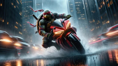 Raphael aus den Teenage Mutant Ninja Turtles fährt mit einem Motorrad durch eine regennasse Stadtlandschaft.