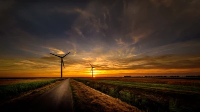 Tranquil Sunrise Over Wind Turbines and Open Road