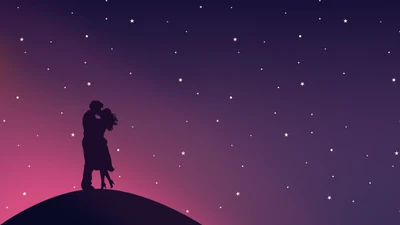 Abrazo Cósmico: Un Beso Romántico Bajo un Cielo Nocturno Estrellado