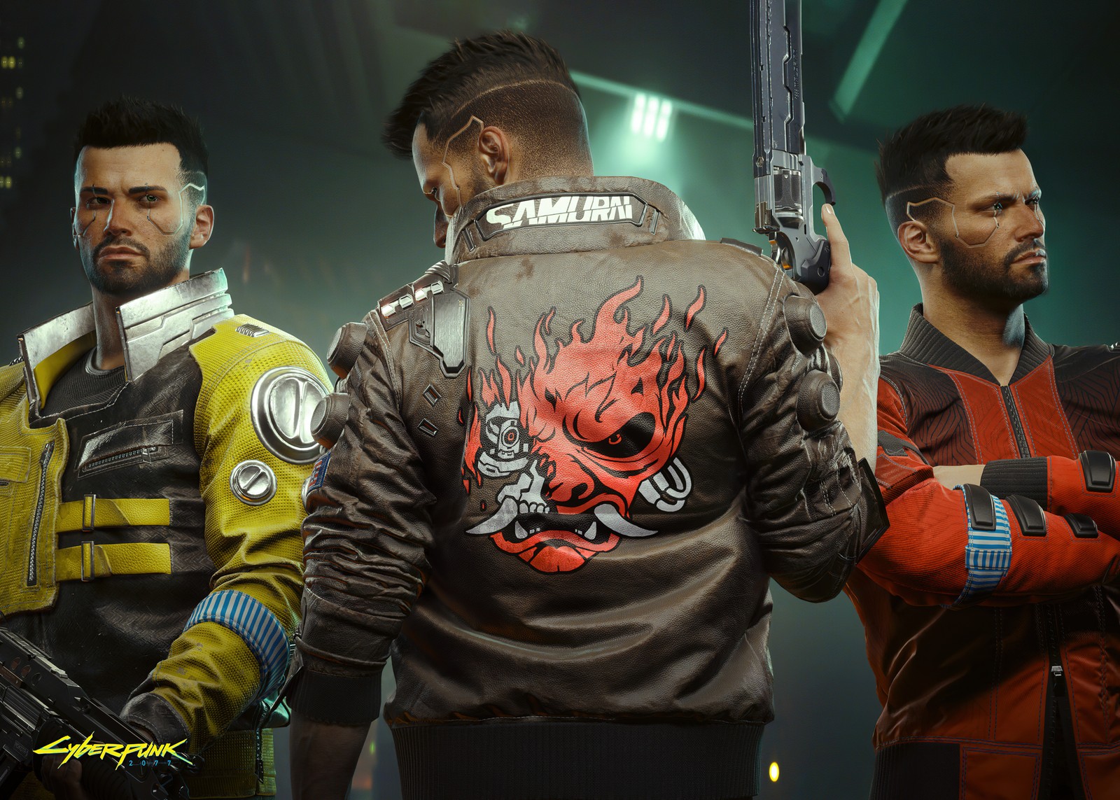 Un groupe d'hommes en vestes en cuir tenant des armes et portant des masques (cyberpunk 2077 phantom liberty, affiche de jeu, veste de samouraï, v cyberpunk, jeux)