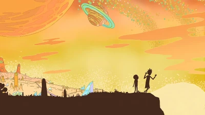 Silueta de Rick y Morty contra un atardecer cósmico