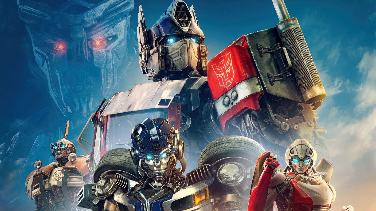 Un grupo de robots de pie uno al lado del otro frente a un cielo (transformers rise of the beasts, 2023, película, transformers, optimus prime)