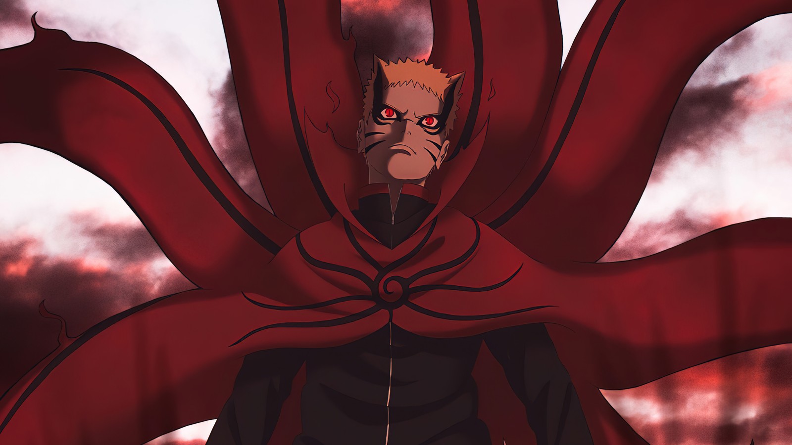 Un gros plan d'une personne avec une cape rouge (naruto uzumaki, anime, mode baryon)