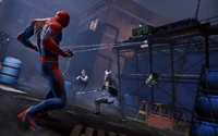 Homem-Aranha em uma batalha intensa contra inimigos mascarados em um cenário urbano sombrio, mostrando ação de um emocionante jogo de aventura.