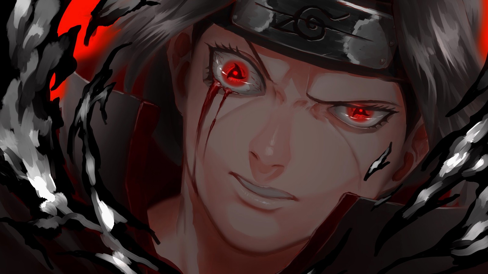 A close up of a person with red eyes and a black hat (itachi uchiha, sharingan, mangekyo sharingan, naruto anime, anime)