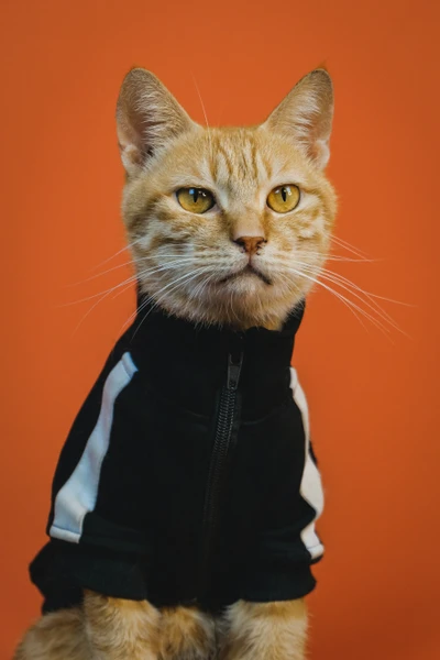 Stylische getigerte Katze in einer schwarzen Jacke vor einem lebhaften orangefarbenen Hintergrund