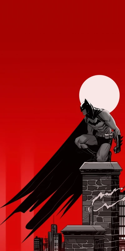 Ilustração dinâmica do Batman contra um fundo vermelho ousado