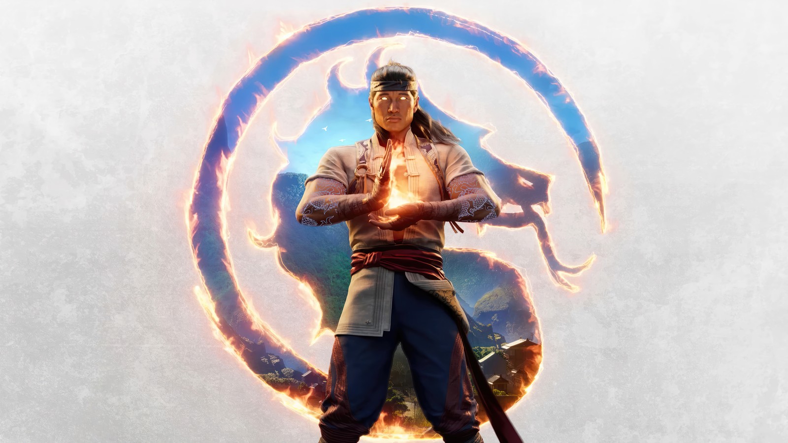 Un primer plano de una persona sosteniendo una espada frente a un fuego (dios del fuego liu kang, fire god liu kang, mortal kombat 1, videojuego)