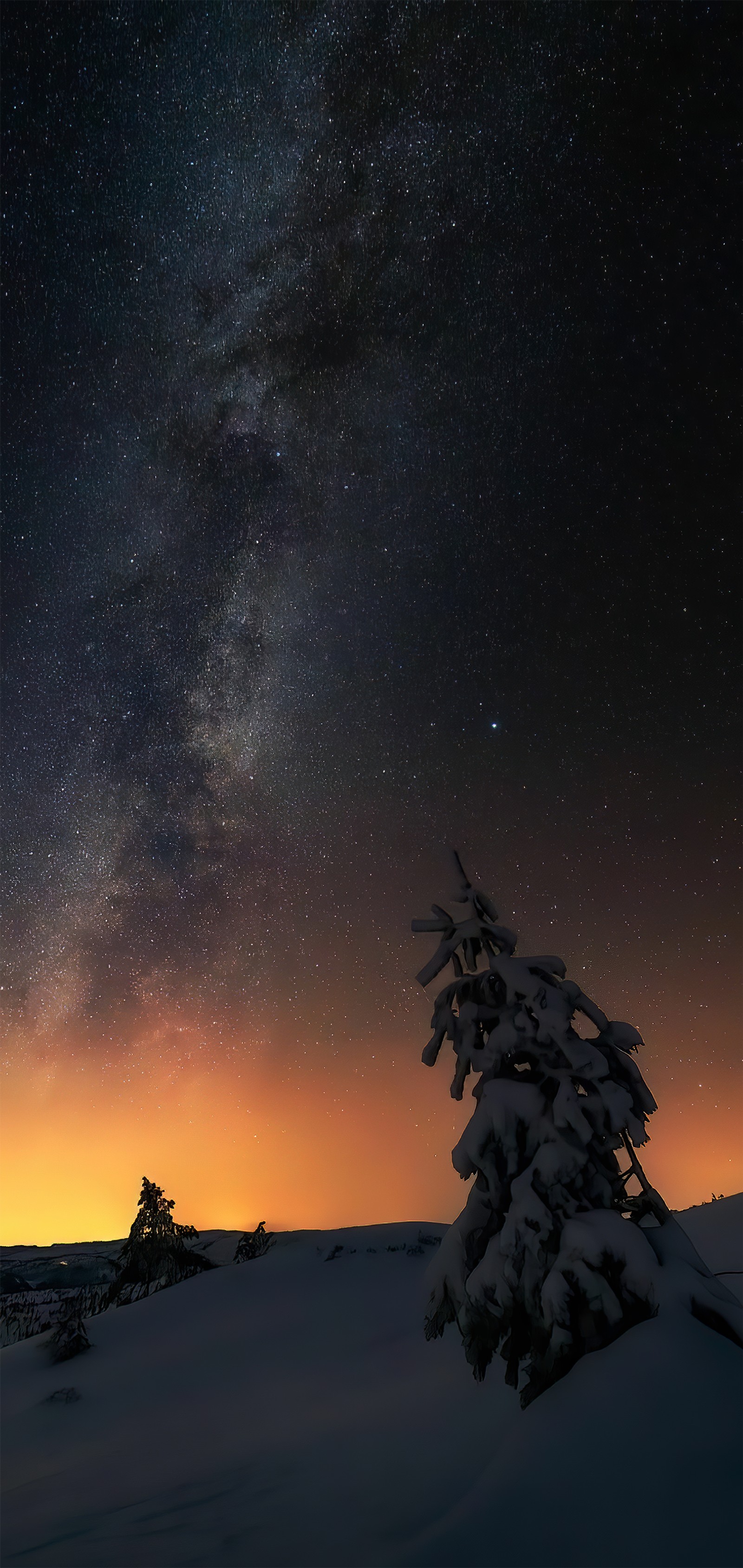 Vue aérienne d'une montagne enneigée avec un arbre et un ciel étoilé (atmosphère, paysage naturel, environnement naturel, monde, objeto astronomique)