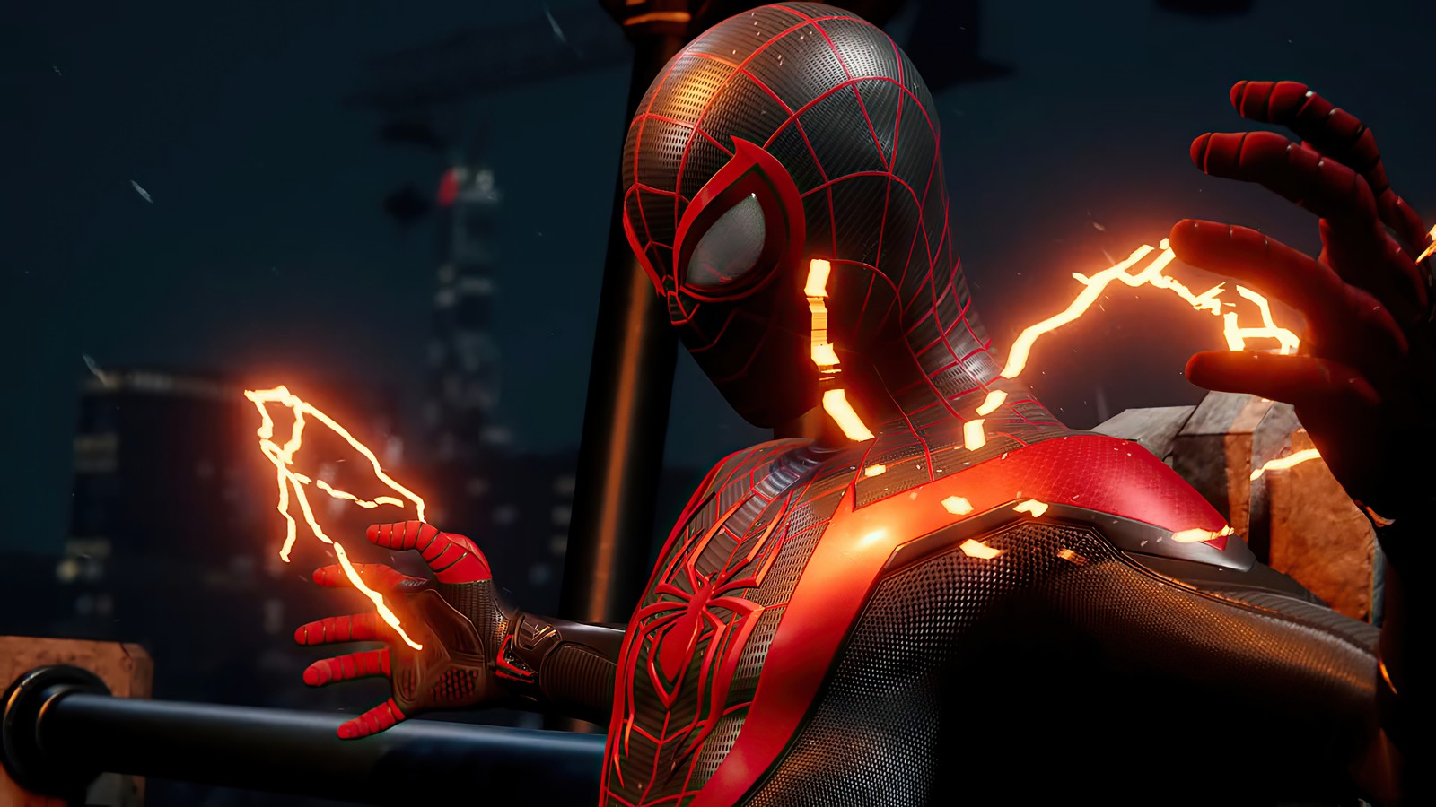 Человек-паук в костюме с светящимися руками (marvels spider man miles morales, инсомниак, playstation 5, видеоигра)