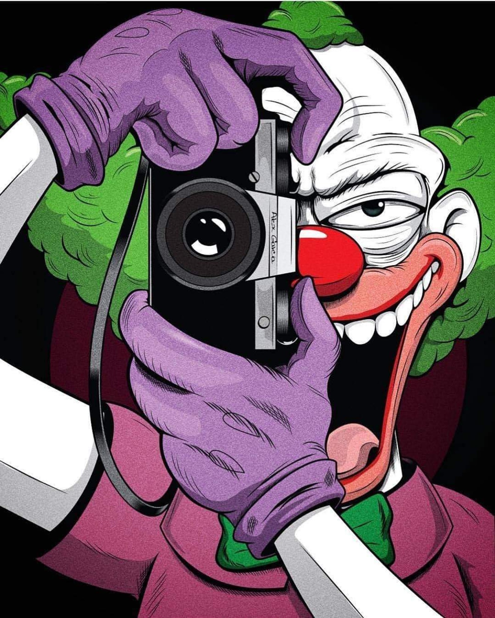 O coringa tirando uma foto com uma câmera e uma alça de câmera (krusty, os simpsons, los simpson)