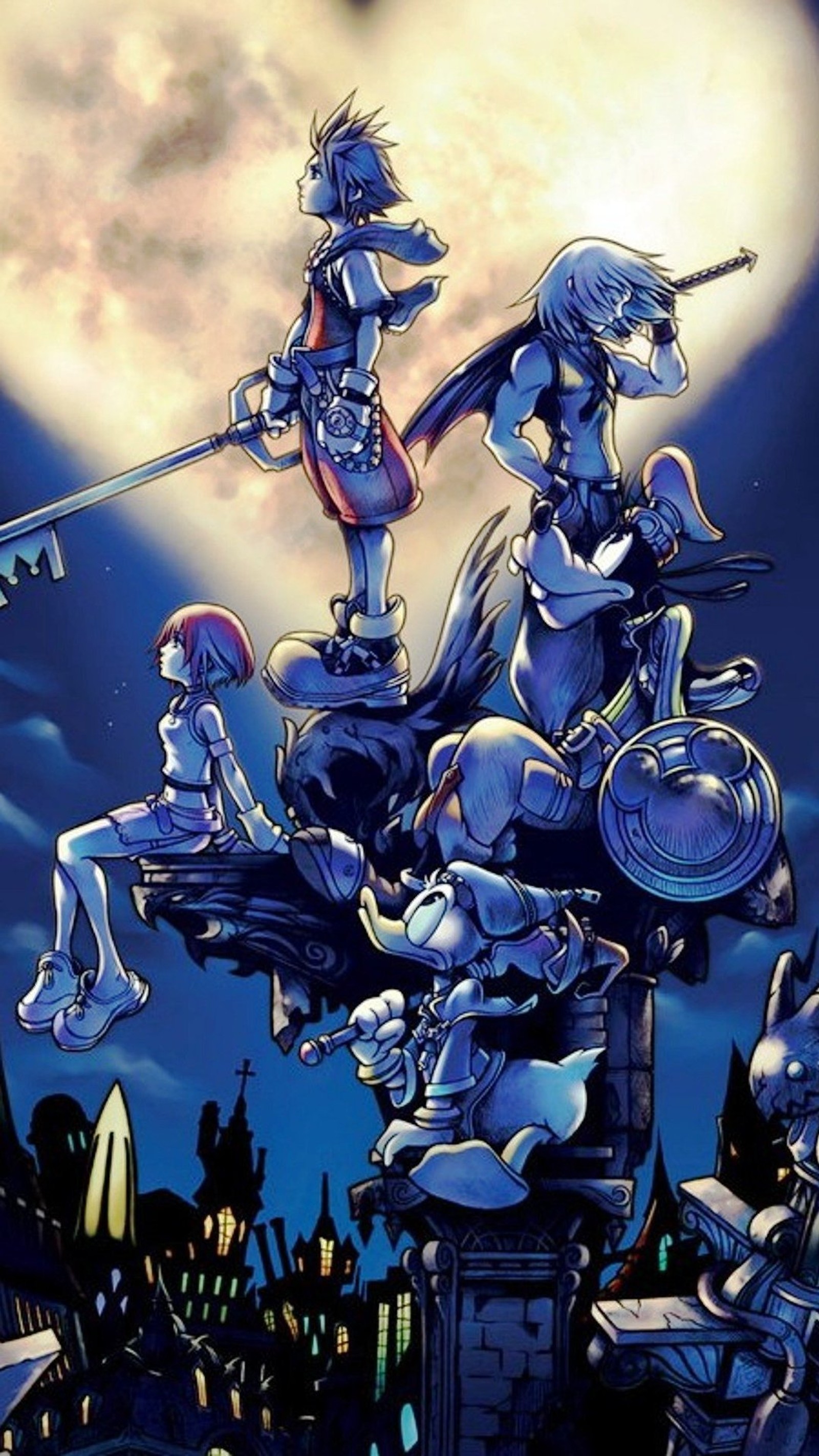 A cartoon picture of a group of people on a roof (kingdom hearts, sora)