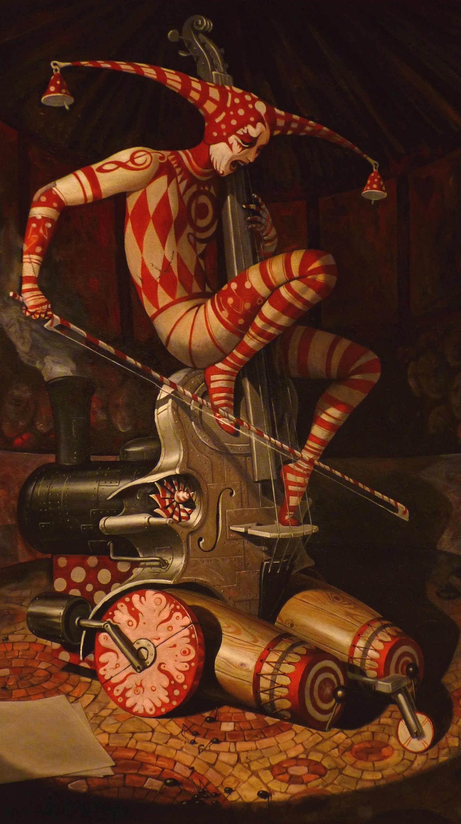 Painting of a clown playing a cello and a violin on a table (art, circus, clown, harlequin, music)